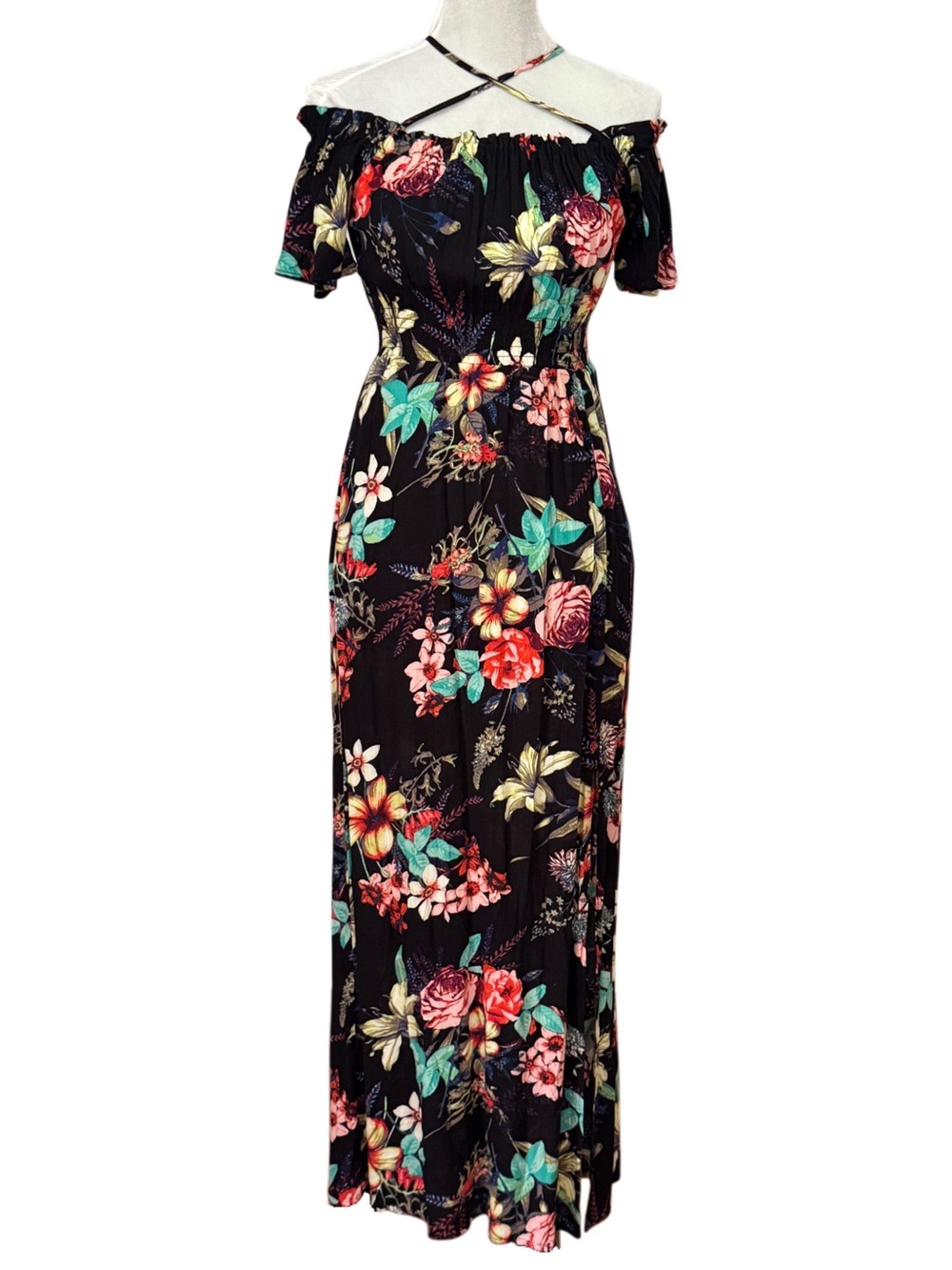 One Clothing LA Black Floral Off-Shoulder Strappy Maxi Dress